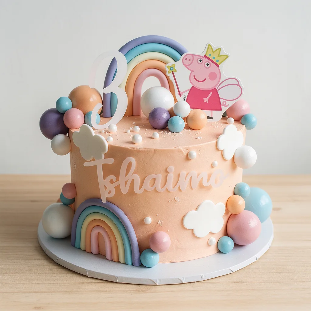 Peach frosted kids birthday cake decorated with pastel rainbow, white clouds, colorful spheres, and a fairy pig character…