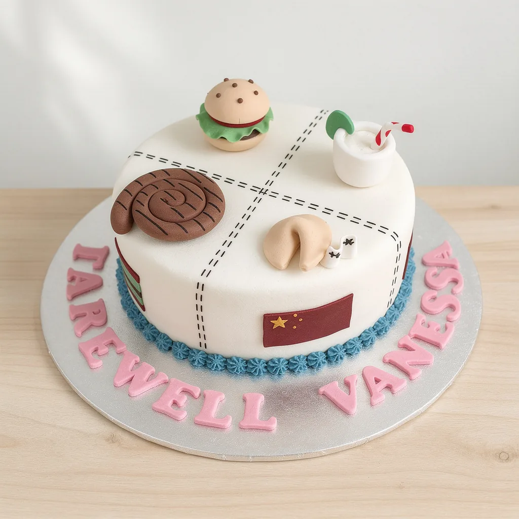 Round white cake decorated with Asian-themed fondant accents including a cinnamon roll, hamburger, fortune cookie, and teacup…