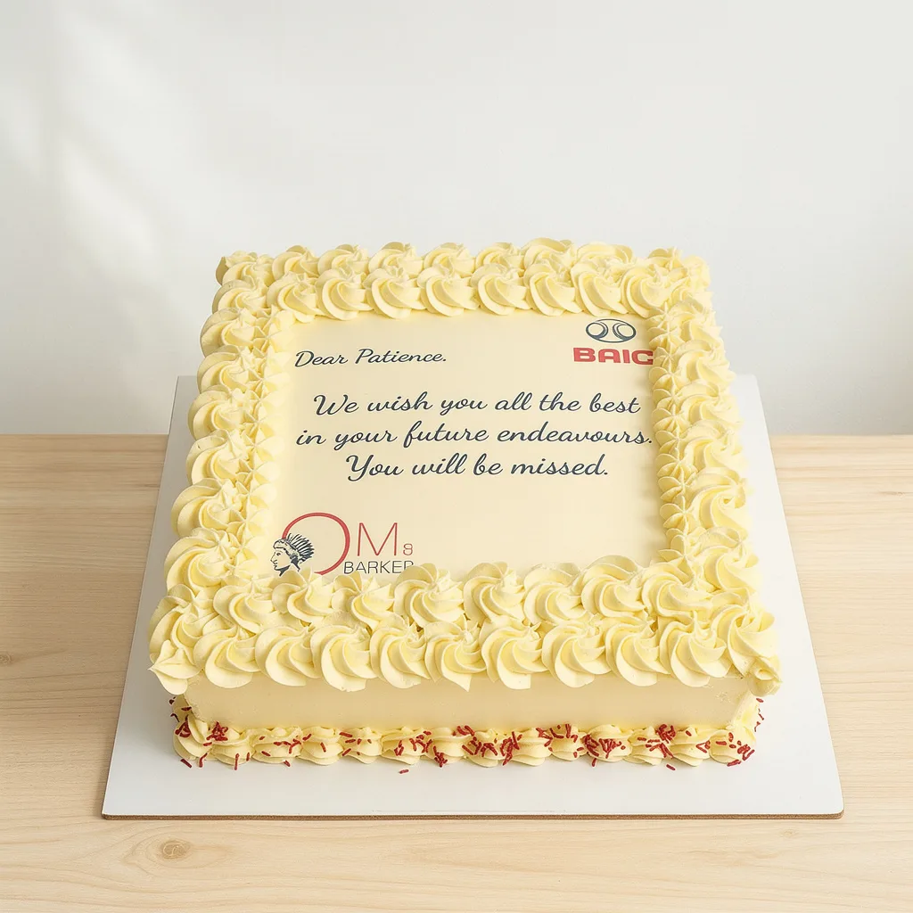 Square cake with pale yellow frosting and a message wishing best in future endeavors, decorated with piped borders