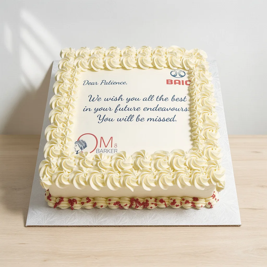 Square white cake with piped cream border and a farewell message in blue and red text on top