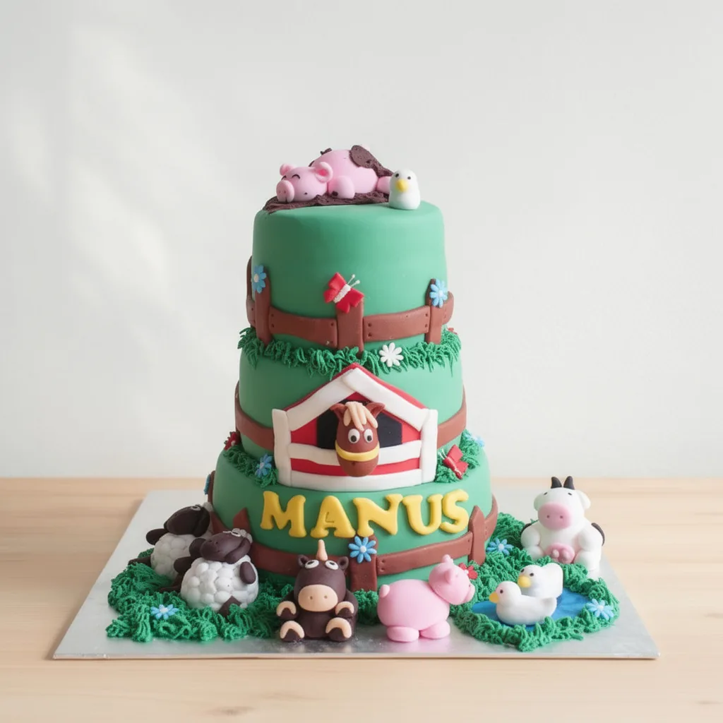 Three-tier green farm-themed cake with fondant farm animals and a barn
