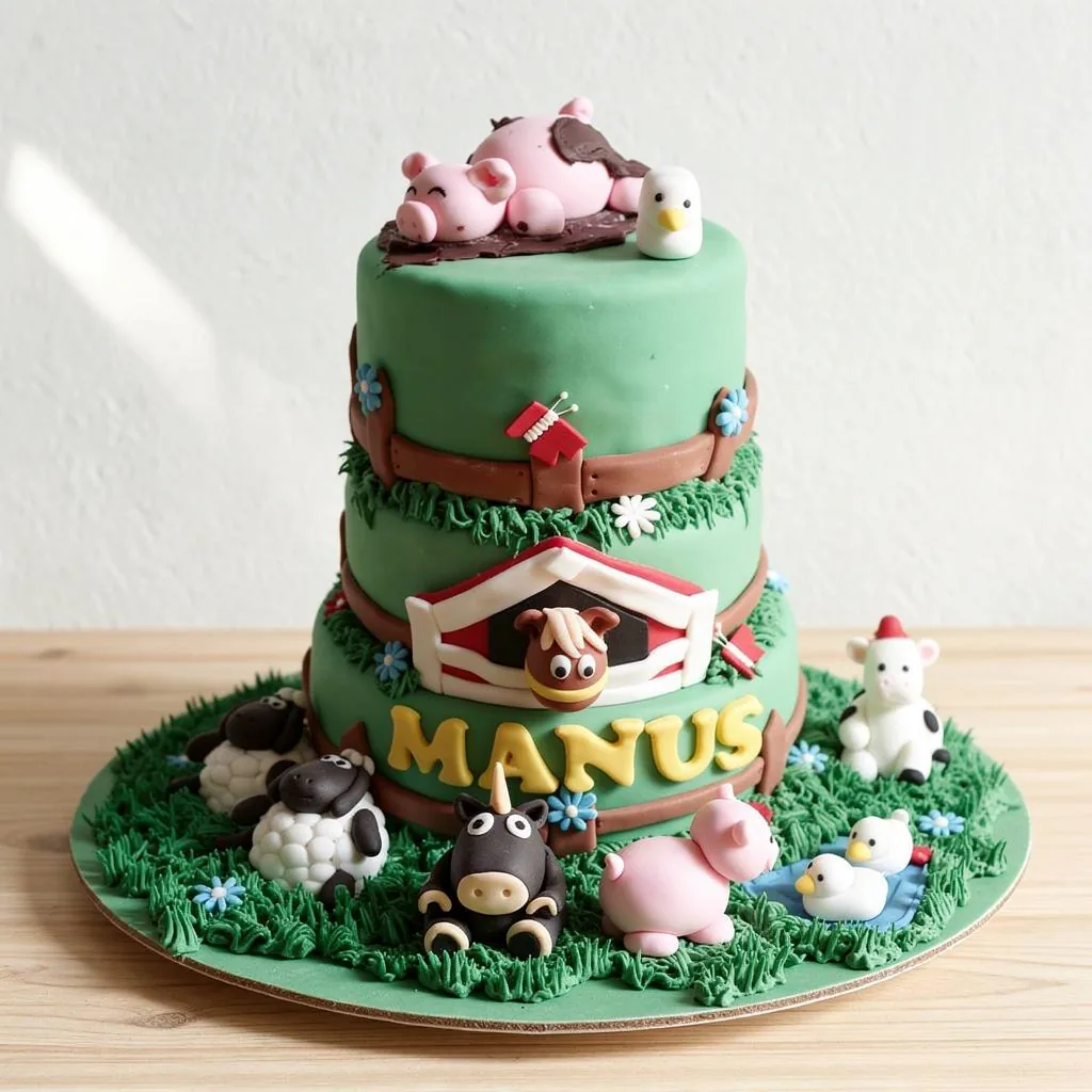 Three-tier green cake with farm animal figurines including pigs, cows, ducks, and sheep on grassy icing