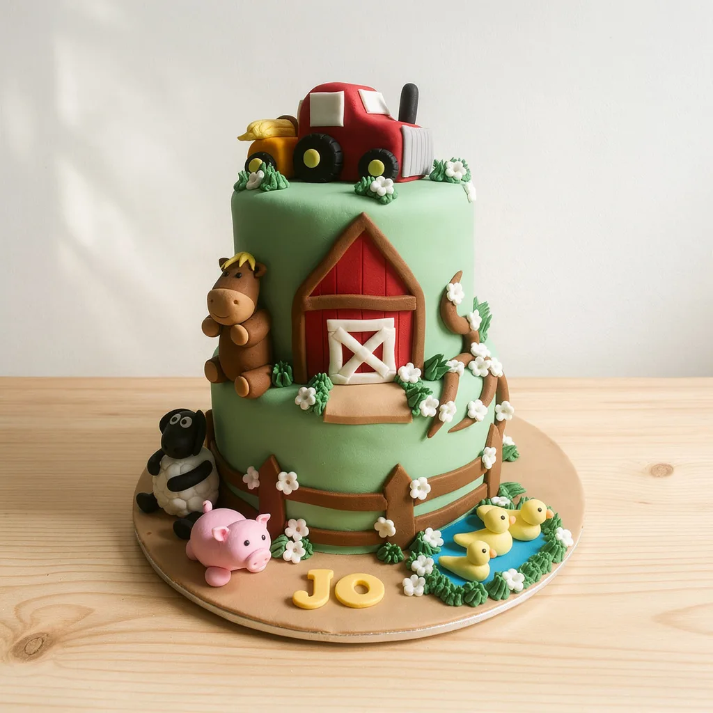 Two-tier fondant cake with farm animals, barn, tractor, and pond with ducks
