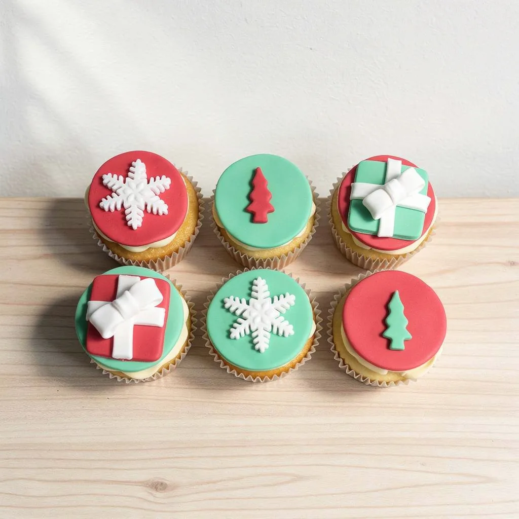 Six cupcakes topped with red and green fondant decorated with white snowflakes, green Christmas trees, and red and white…