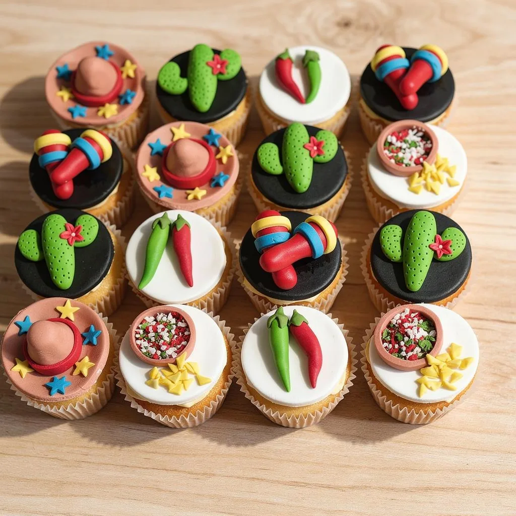A set of cupcakes decorated with fondant fiesta-themed toppers including hats, maracas, peppers, cacti, and salsa bowls.