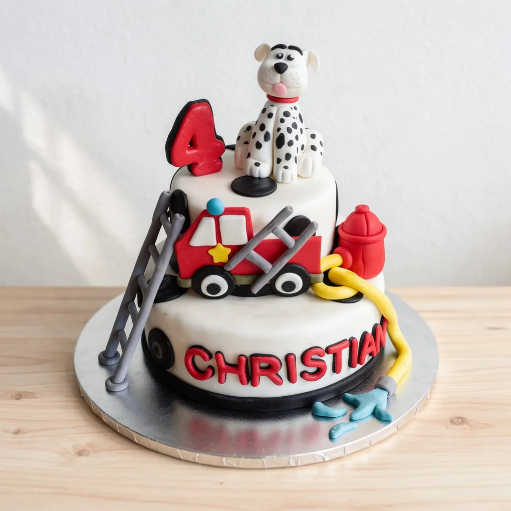 Two-tiered white cake with fire truck, Dalmatian dog figure, red number 4, and fire hydrant decorations