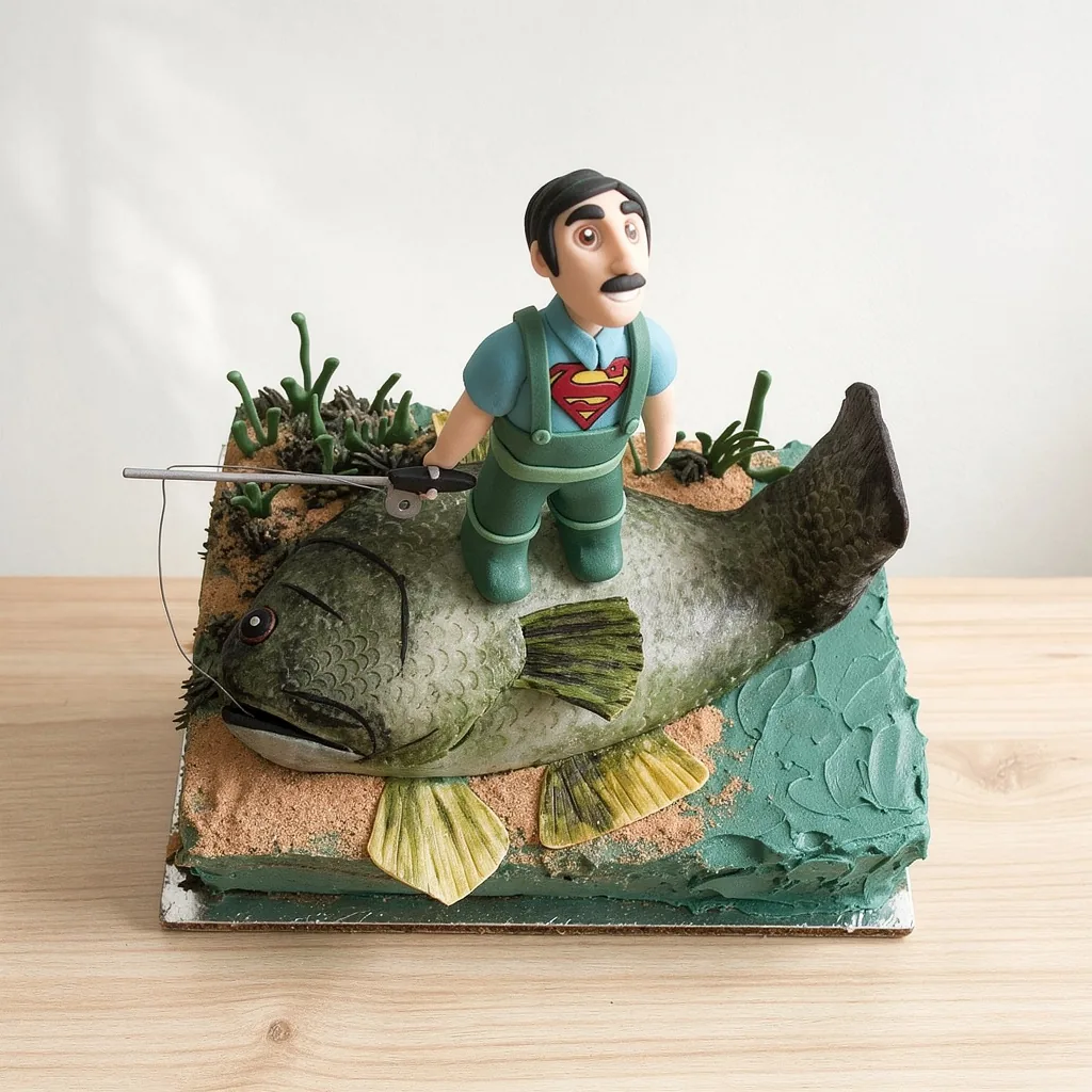 Cake featuring a fisherman figure with a fishing rod standing on a large fish amid water and sand details