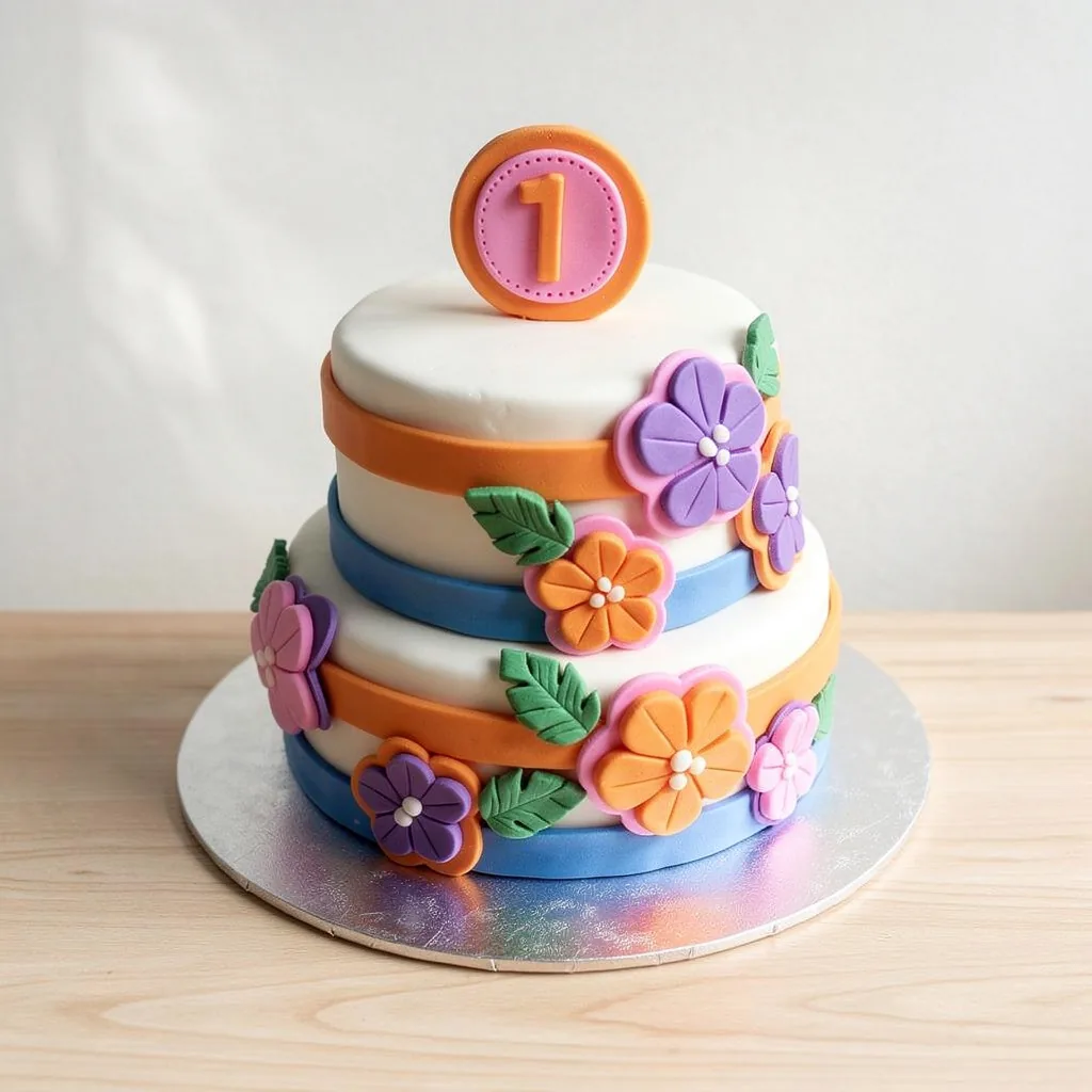 Two-tier round cake with colorful fondant flowers and a number one topper