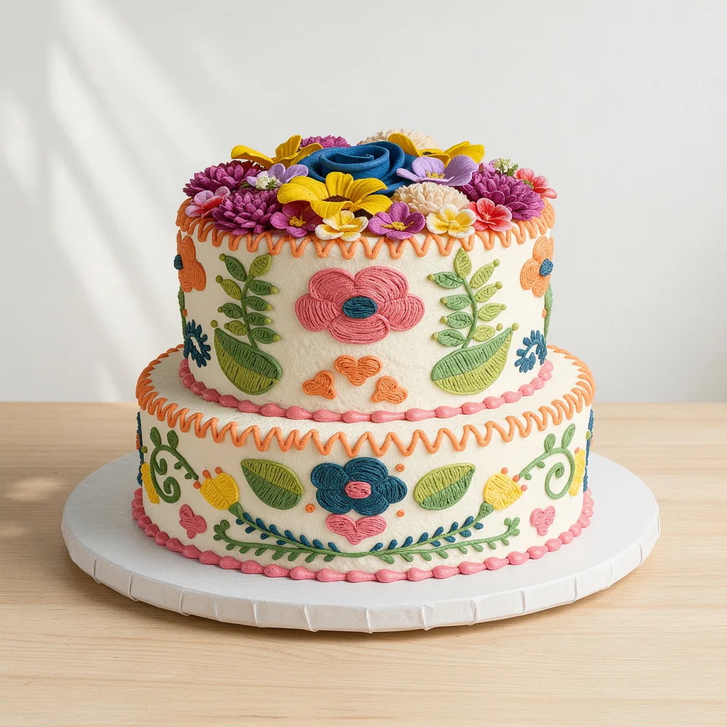 Two-tier white cake decorated with colorful embroidered-style buttercream flowers and leaves