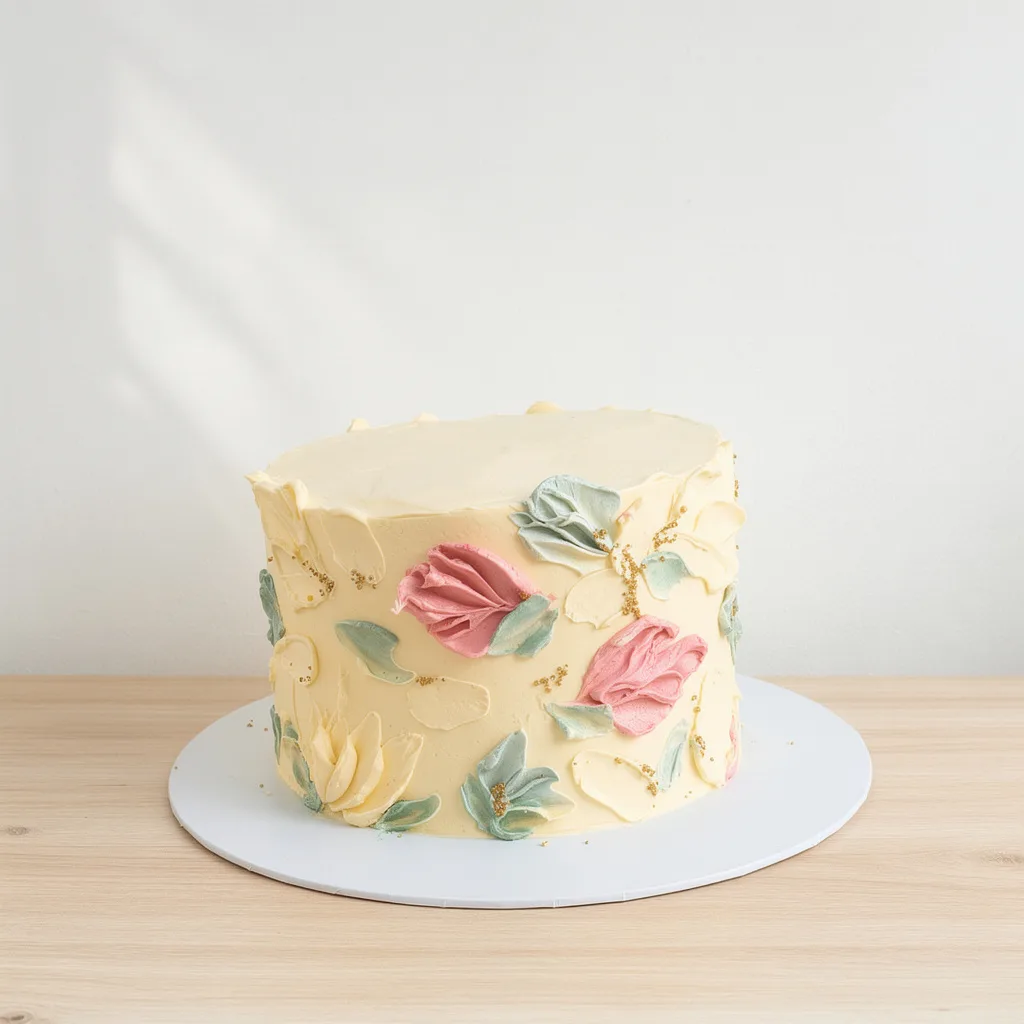 Round buttercream cake with textured pastel floral designs in pink, green, and cream