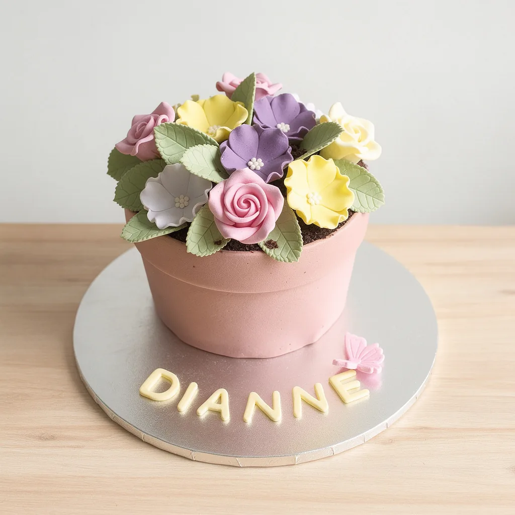 Cake decorated as a flower pot with pastel pink sides filled with colorful edible flowers and green leaves