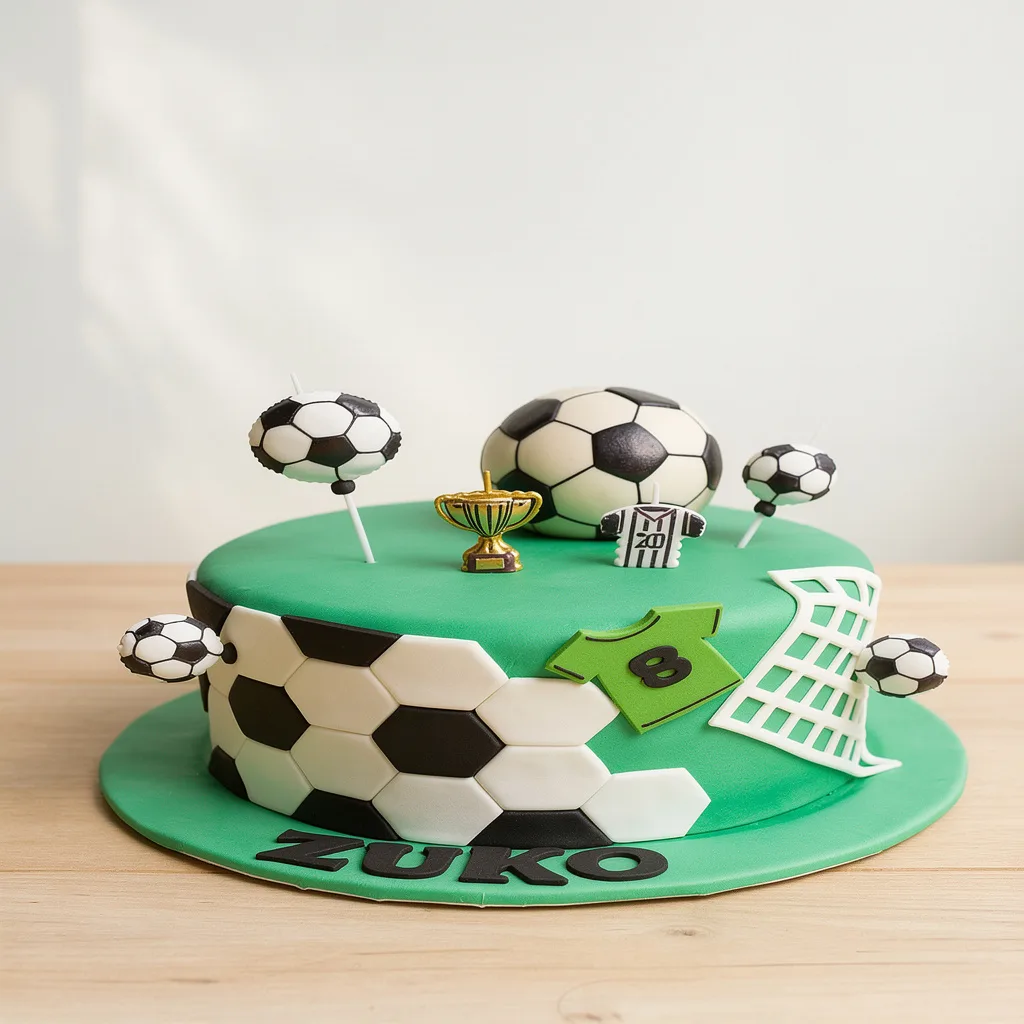 Green cake decorated with black and white football patterns, mini footballs, a trophy, jersey, and goal net