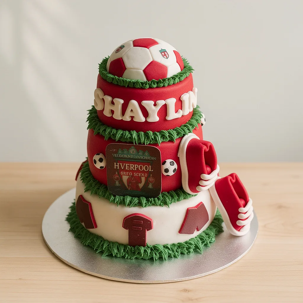 Three-tiered red and white birthday cake with football decorations and green icing grass borders