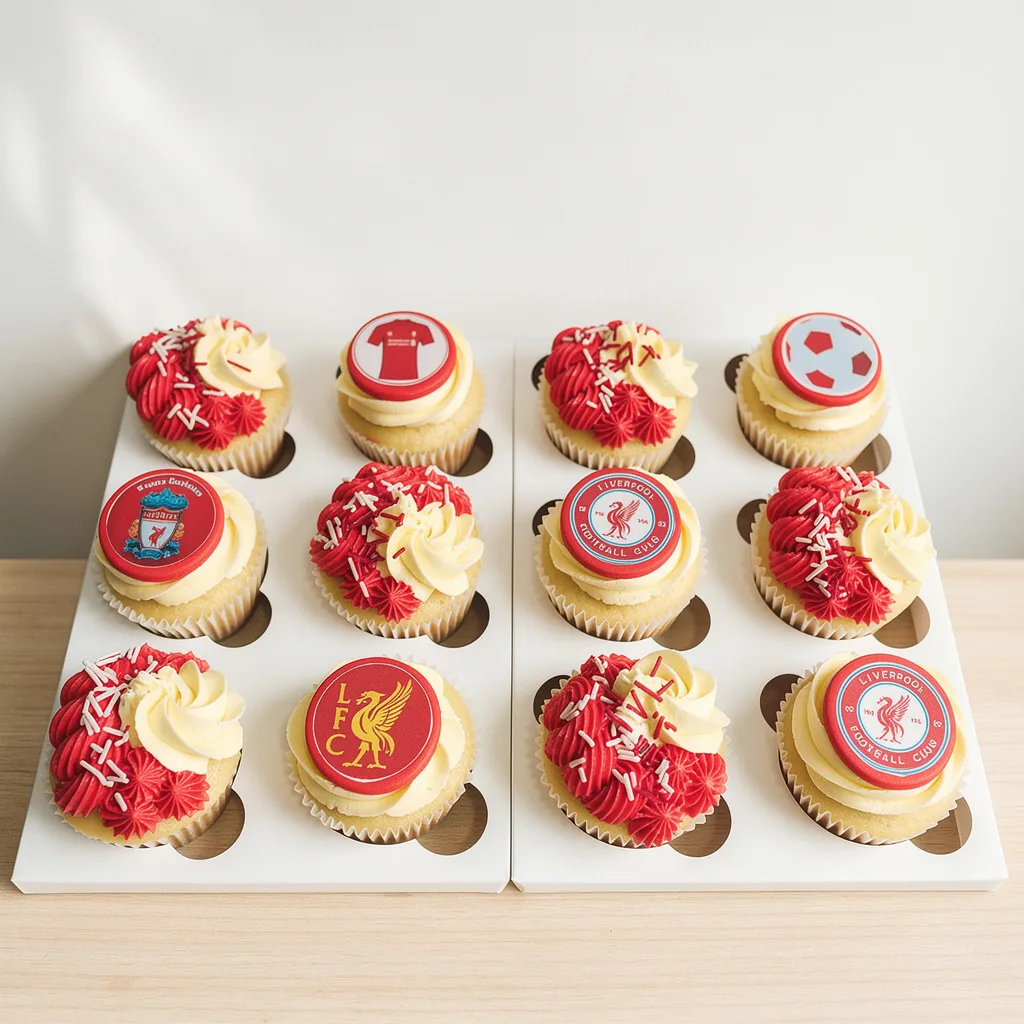 Twelve vanilla cupcakes with red and white swirled frosting and football-themed edible toppers