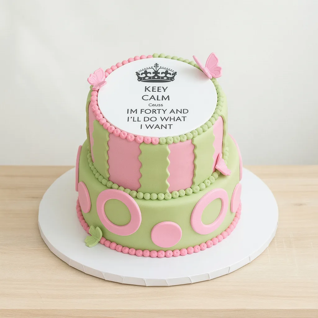 Two-tier cake with pink and green fondant decorated with butterflies and a 'Keep Calm' themed topper
