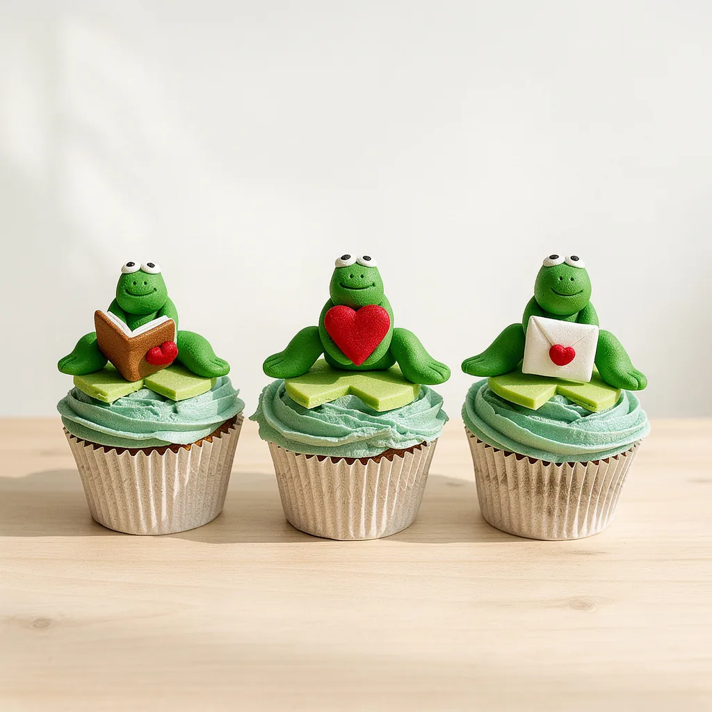 Three cupcakes with blue-green frosting topped with green fondant frogs holding a book, heart, and envelope