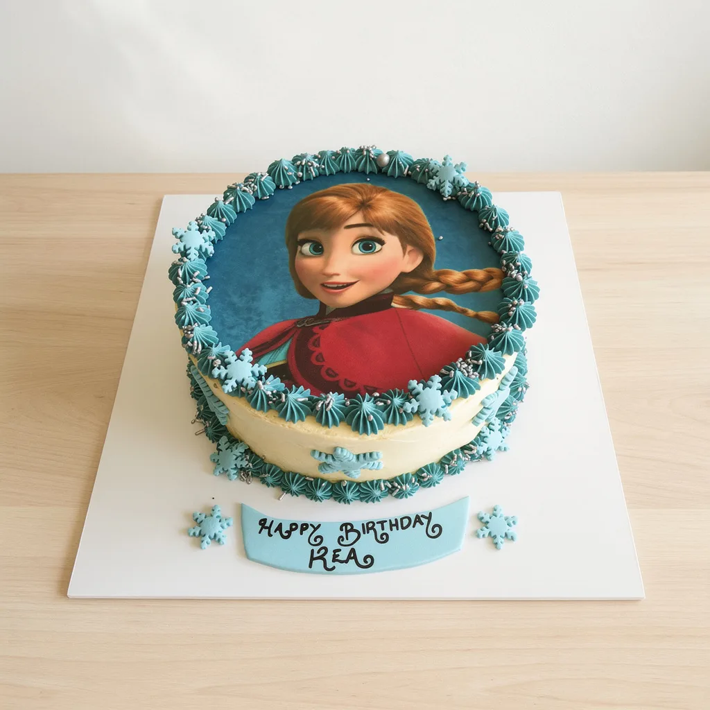 Round birthday cake with image of a red-haired animated girl and blue snowflake decorations