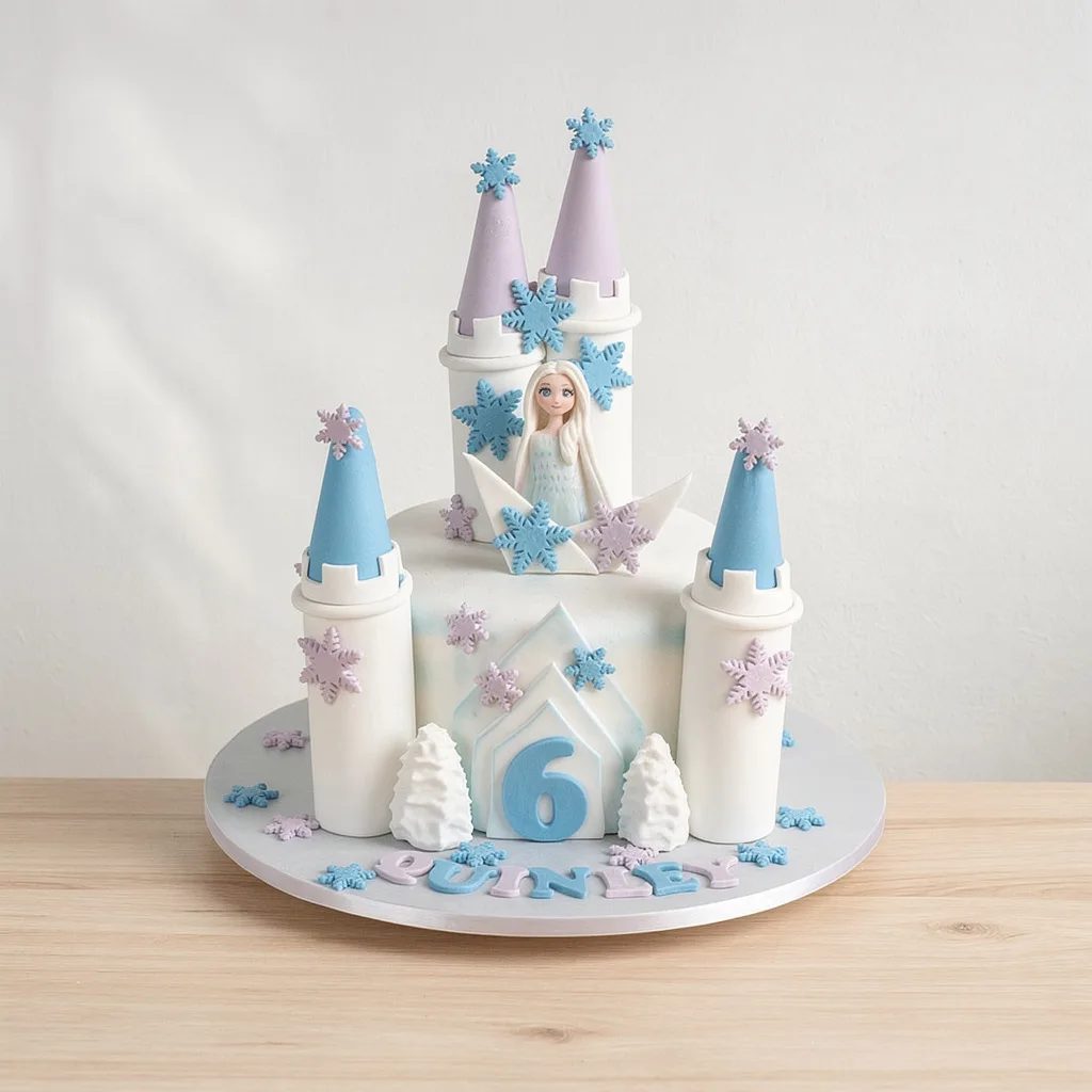 Two-tier castle cake with blue and purple snowflakes and a princess figure on top