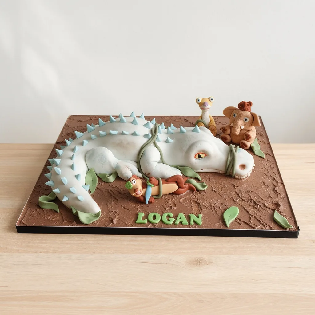 Cake shaped as a light blue dinosaur with blue spikes tied with green vines, featuring animal figures on a brown base