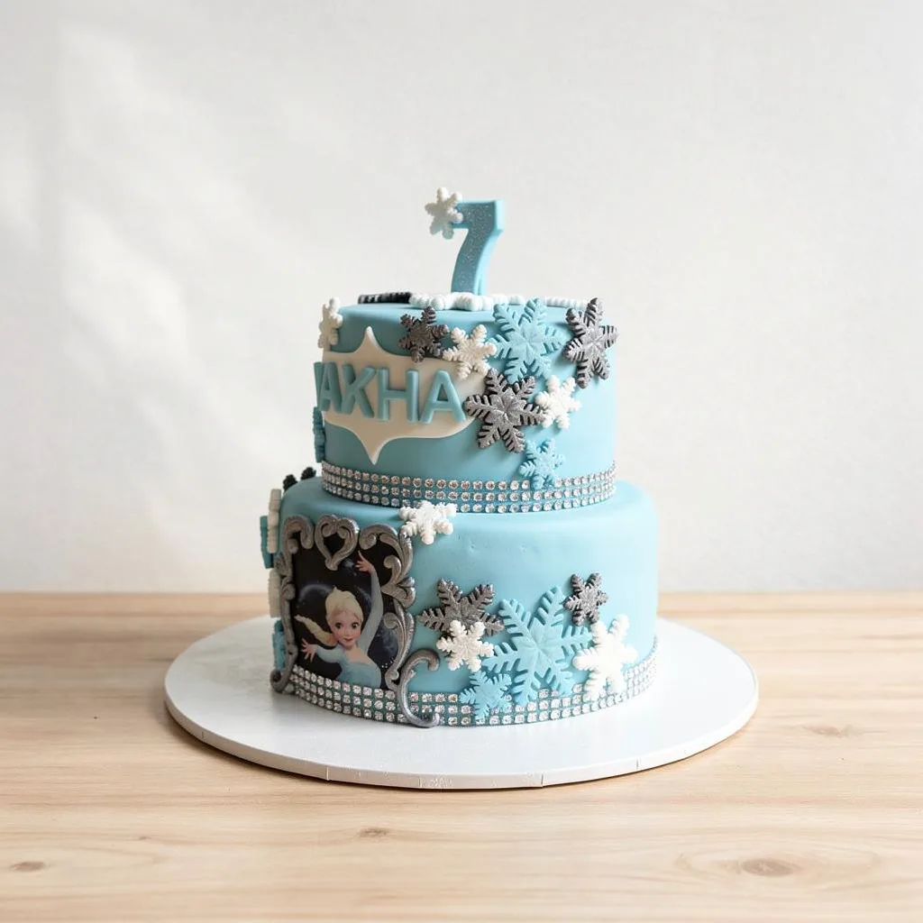 Two-tier blue birthday cake decorated with snowflakes, silver beads, and a character image with a number 7 topper