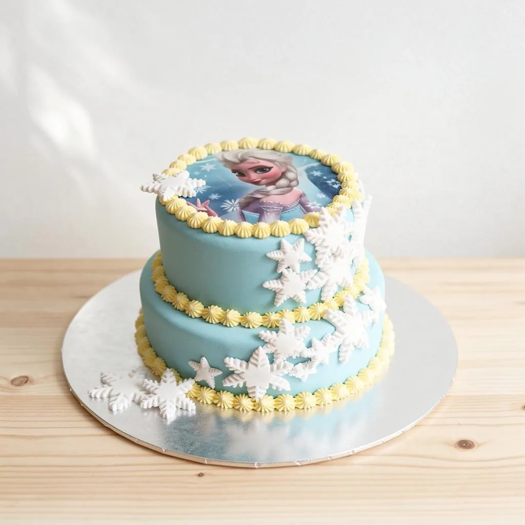 Two-tier blue cake with yellow piping, white snowflakes, and an Elsa image on top