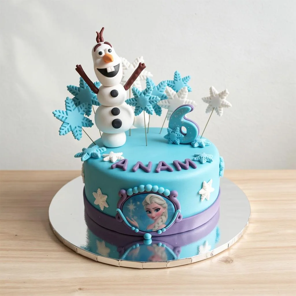Blue cake decorated with snowflakes and a fondant snowman figure for a 6th birthday