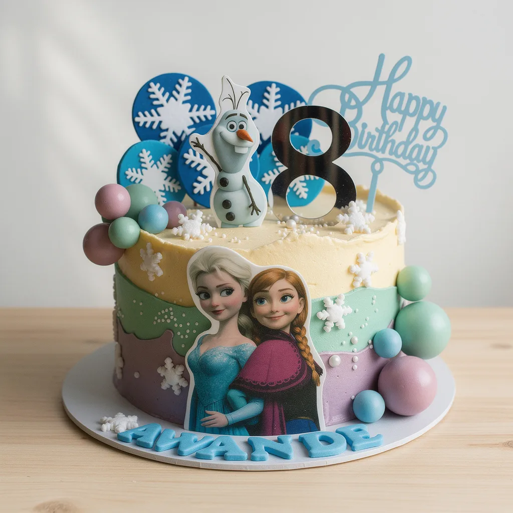 Round pastel-colored cake with Elsa, Anna, Olaf decorations, and snowflakes for an 8th birthday
