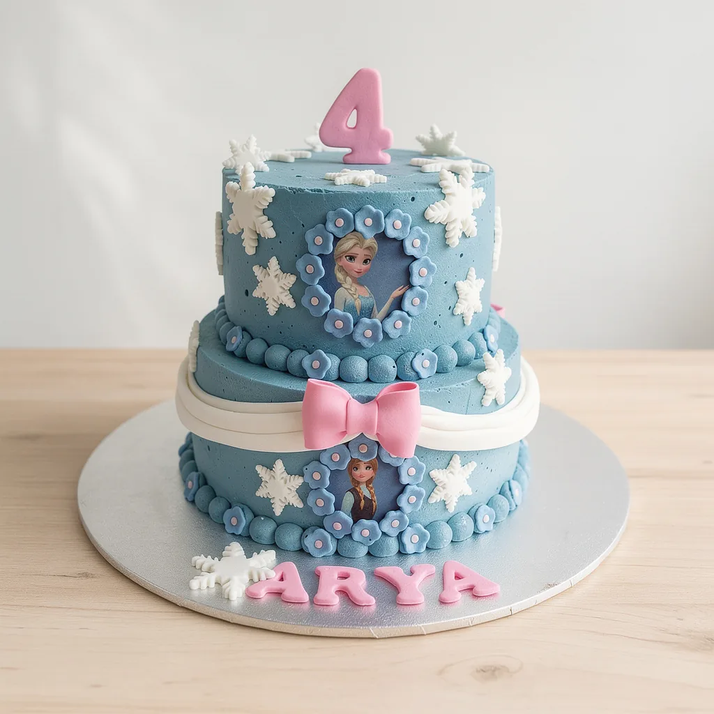 Two-tier blue birthday cake with snowflakes, pink number 4, and frozen characters Elsa and Anna