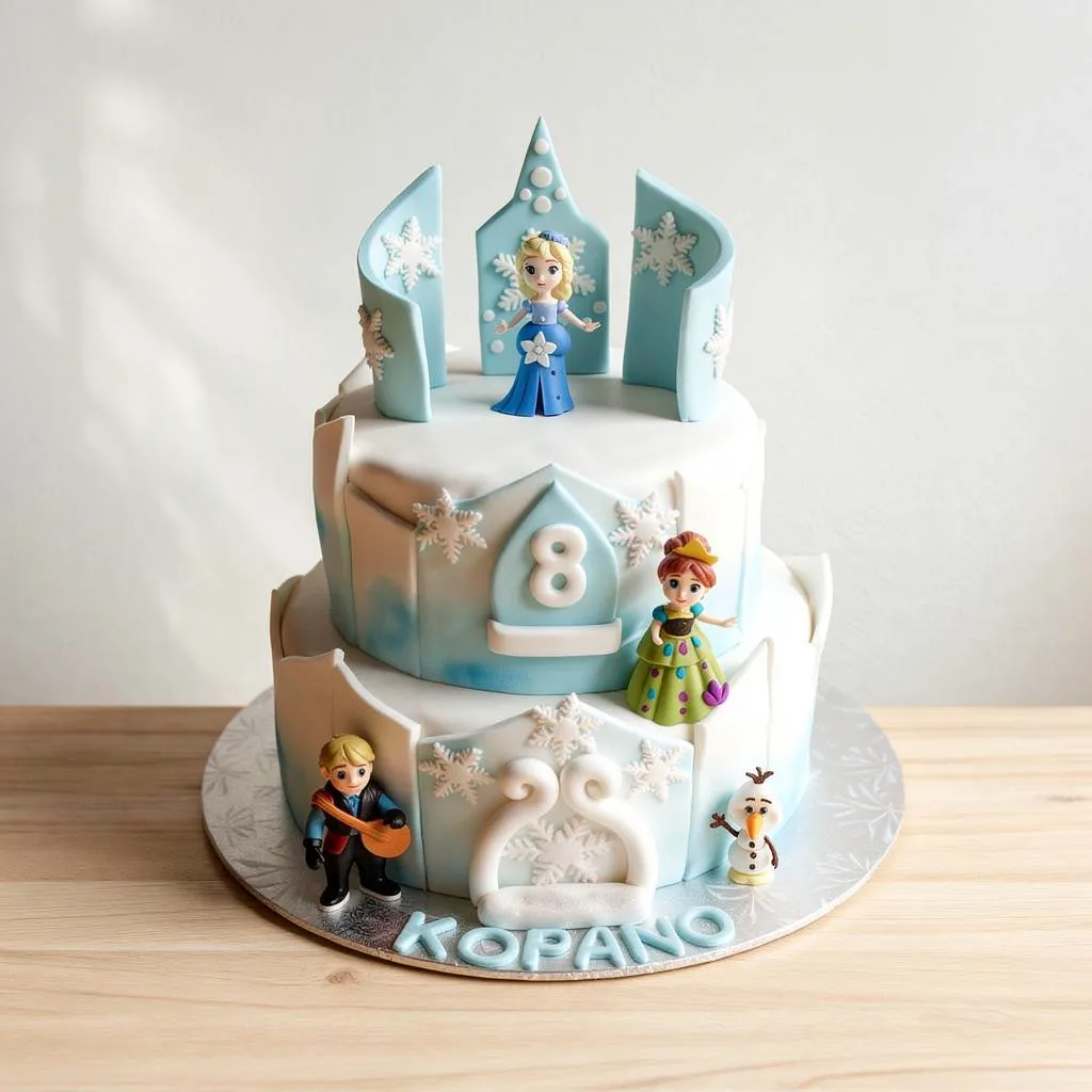 Two-tiered white and blue birthday cake with snowflakes and four cartoon figurines