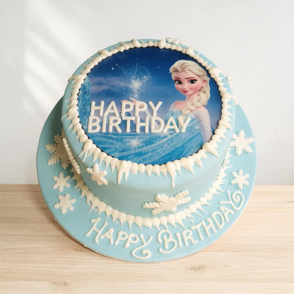 Round birthday cake with light blue icing, white snowflakes, and an edible image of a female character in a blue dress.