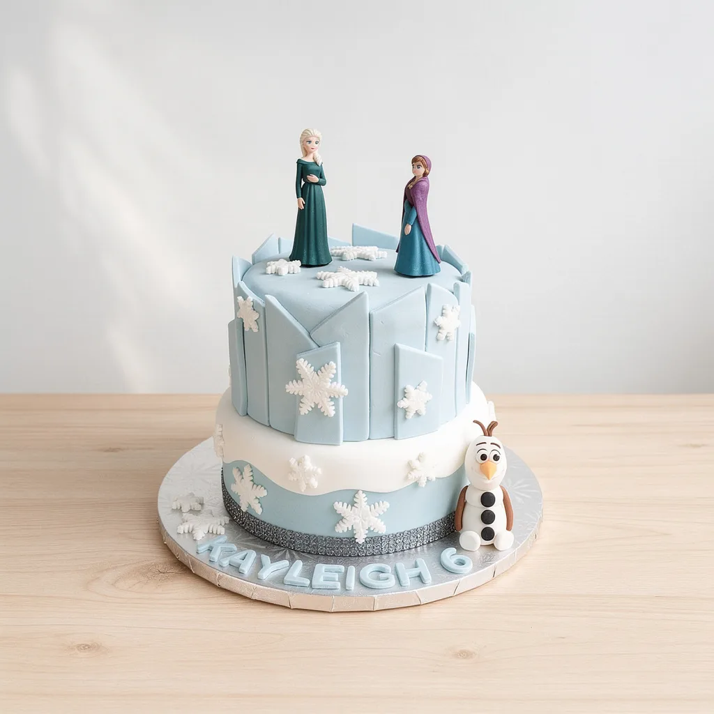 Two-tier blue and white birthday cake with snowflakes and figurines of two women and a snowman