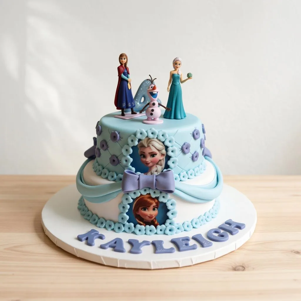 Two-tiered light blue and white cake decorated with Frozen characters and flowers