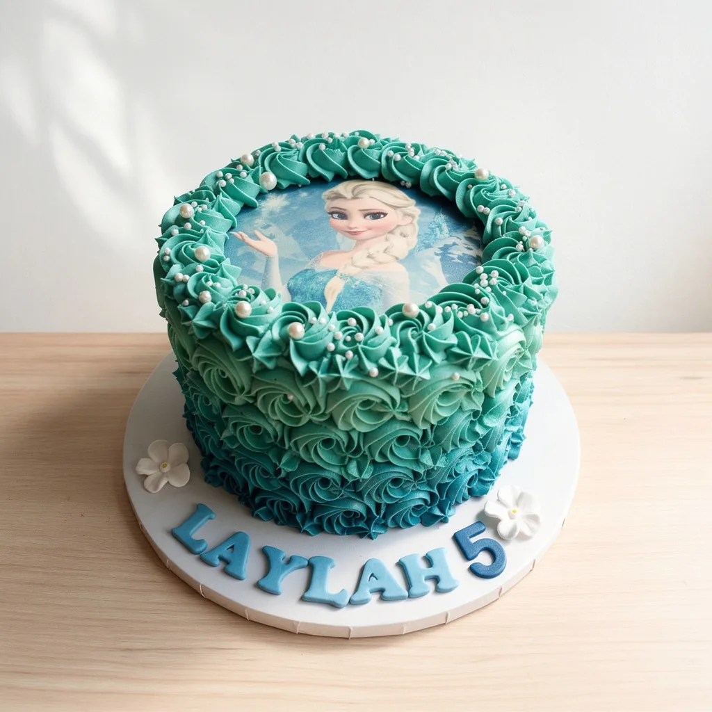 Round ombré blue cake with floral frosting and edible image of Elsa from Frozen