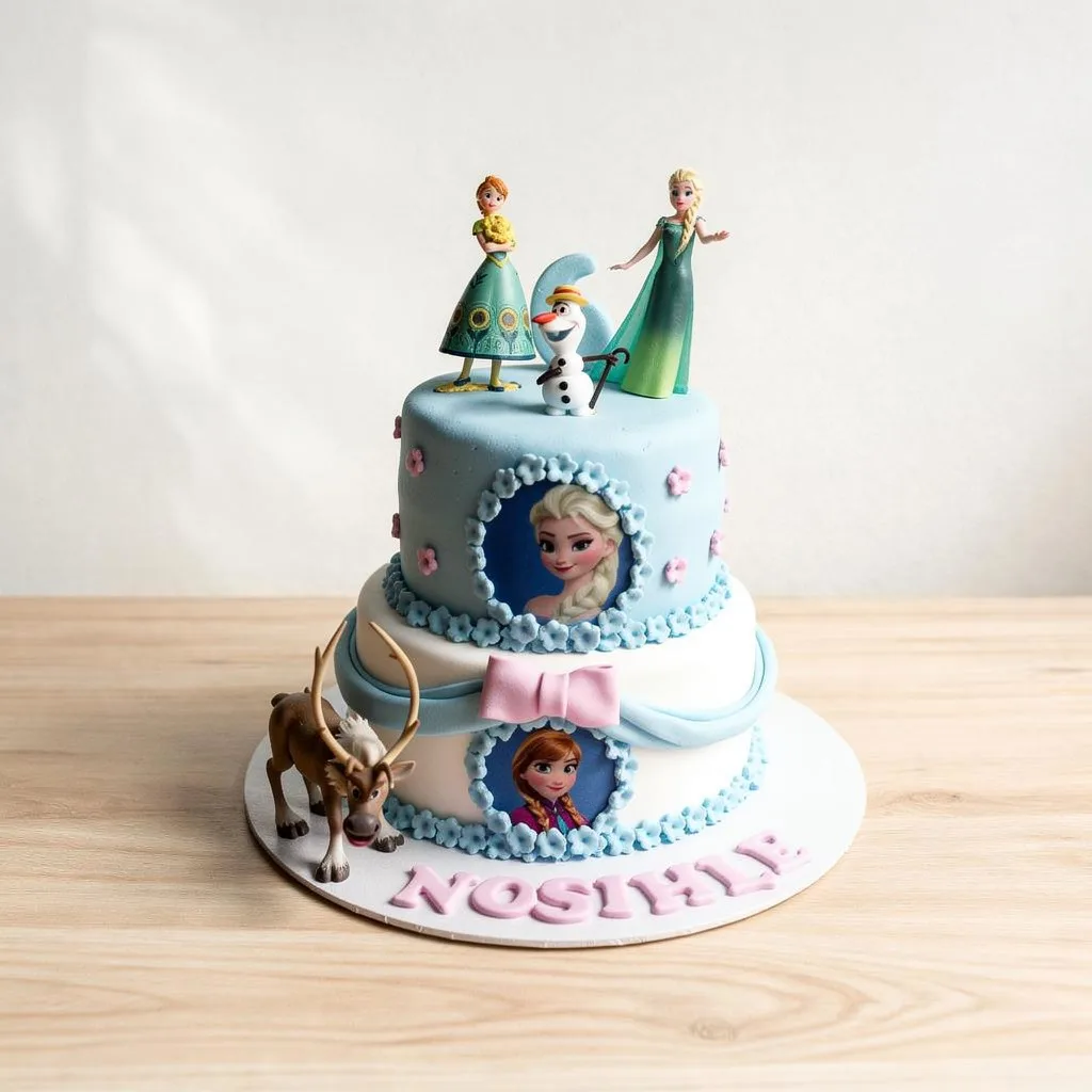 Two-tier cake decorated with blue and white fondant, featuring characters from Frozen and floral details