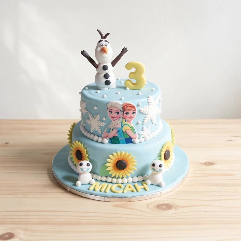 Two-tier blue cake with snowflakes, sunflowers, character toppers, and a yellow number three