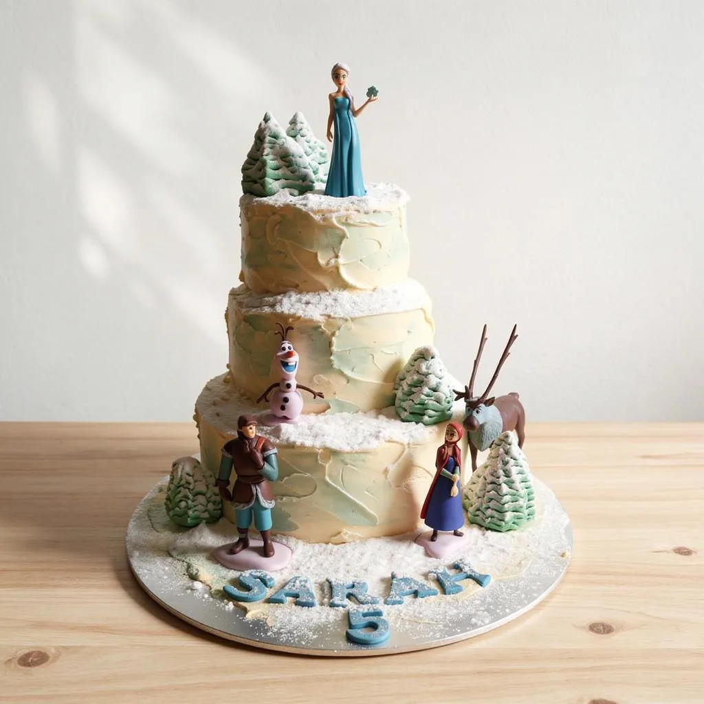 Three-tier cake decorated with snow-covered trees and Frozen characters Elsa, Anna, Olaf, Kristoff, and Sven