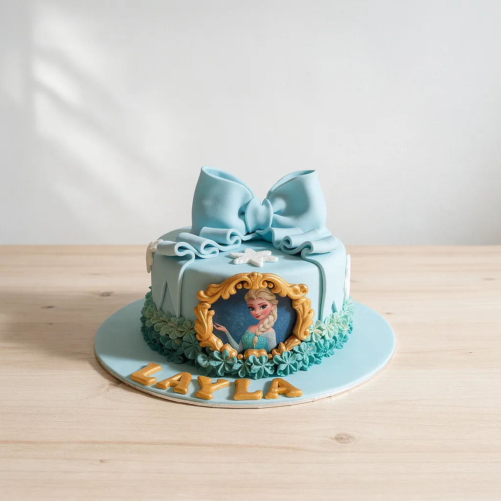 Single-tier blue birthday cake with a large bow and a princess framed decoration