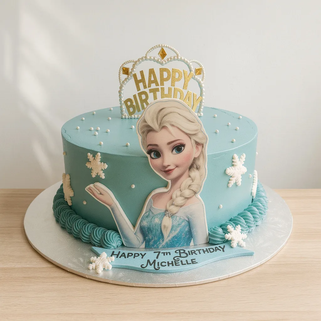 Round blue birthday cake decorated with snowflakes and a princess figure