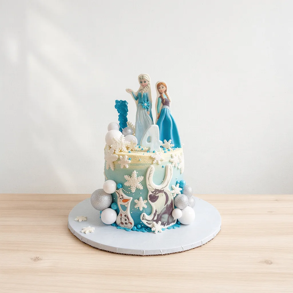 Blue and white Frozen-themed birthday cake with character toppers and snowflake decorations