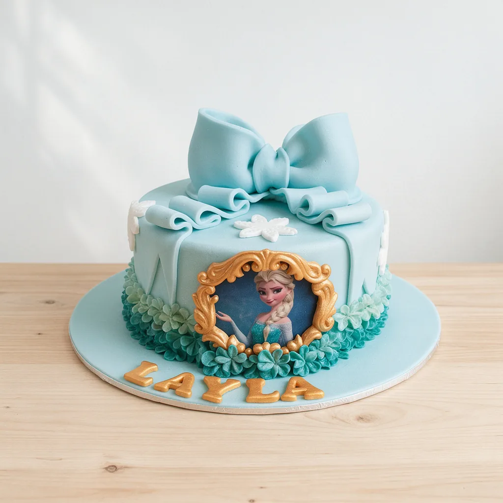 Round blue cake with large bow, floral decorations and Frozen character image on front