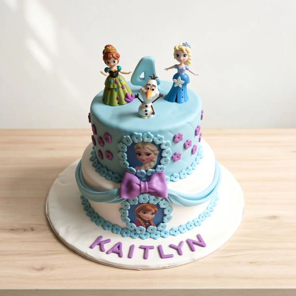 Two-tier blue and white birthday cake with Frozen character toppers and purple decorative flowers