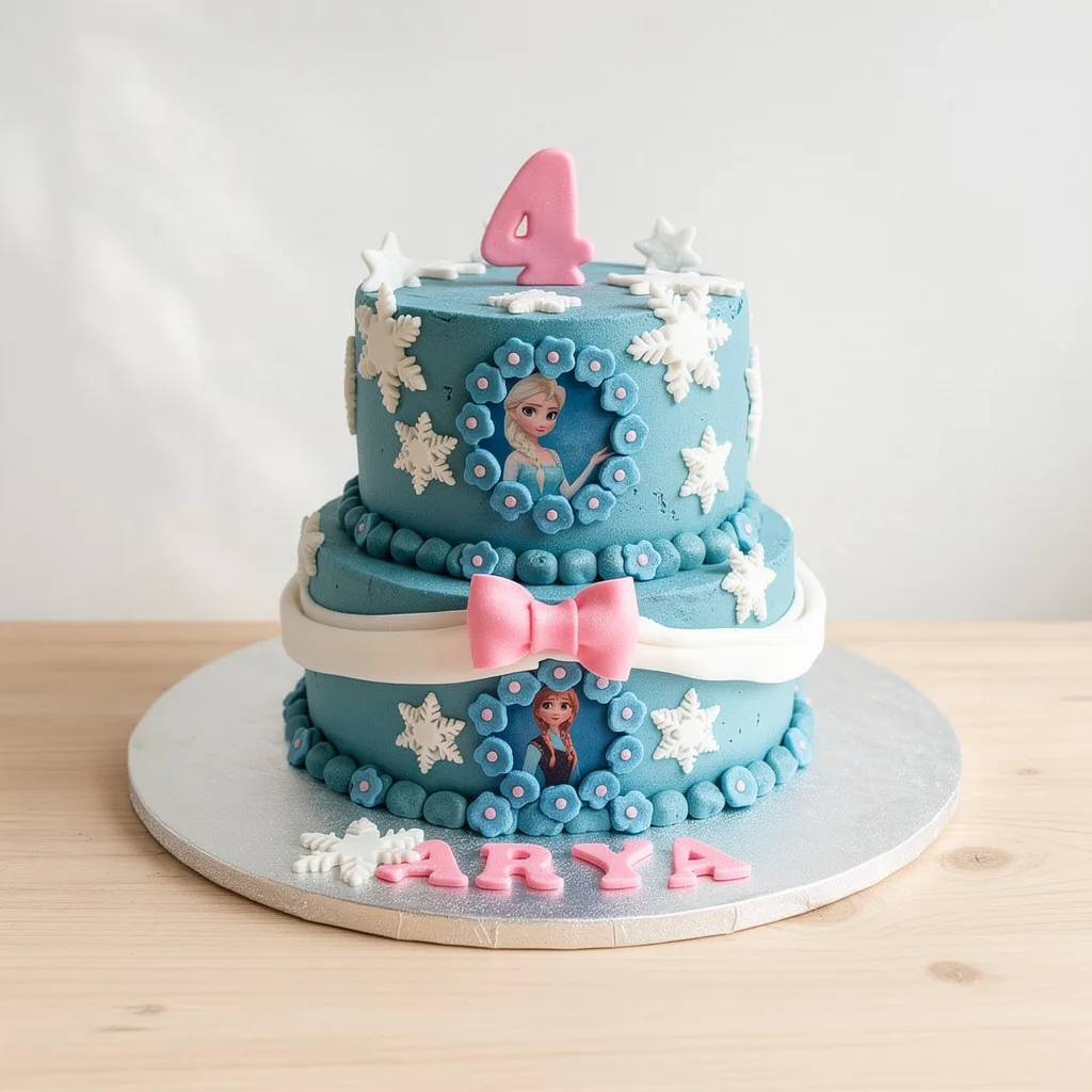 Two-tier blue birthday cake with white snowflakes, pink number 4 topper, and images of animated characters