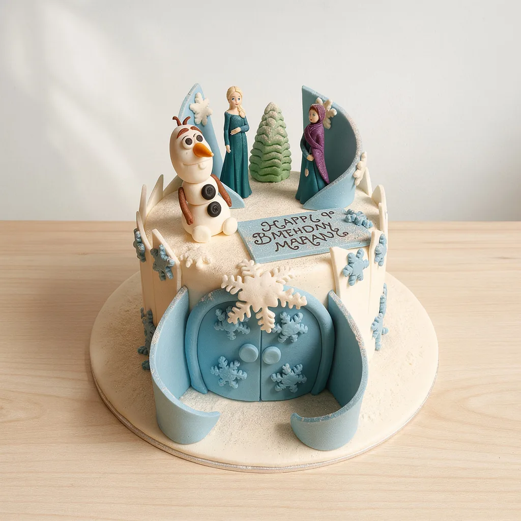 Two-tier round birthday cake with winter theme featuring snowflakes, green tree, and three characters including snowman and…