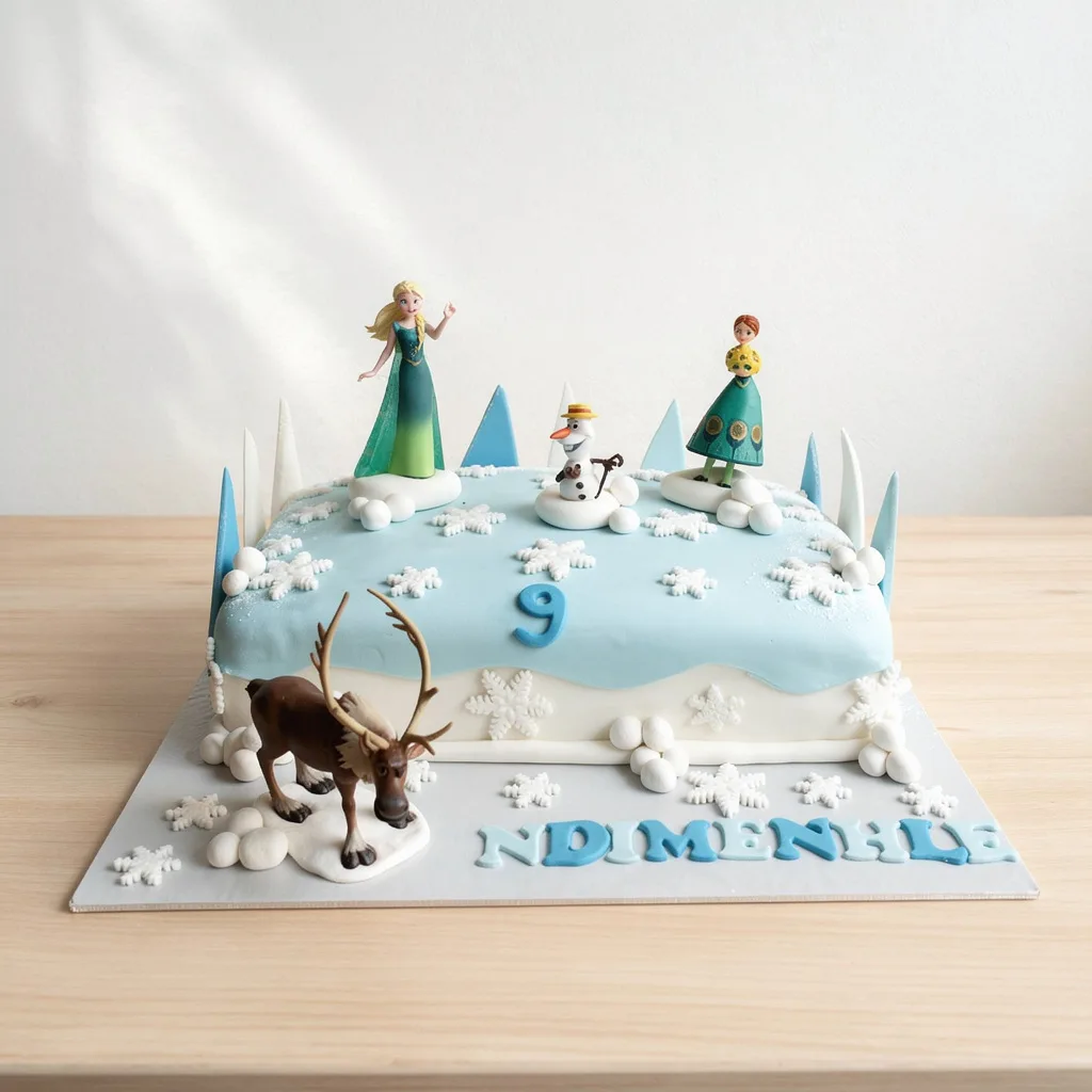 Rectangular birthday cake with blue and white icing, snowflakes, and figurines of a reindeer, snowman, and two princesses