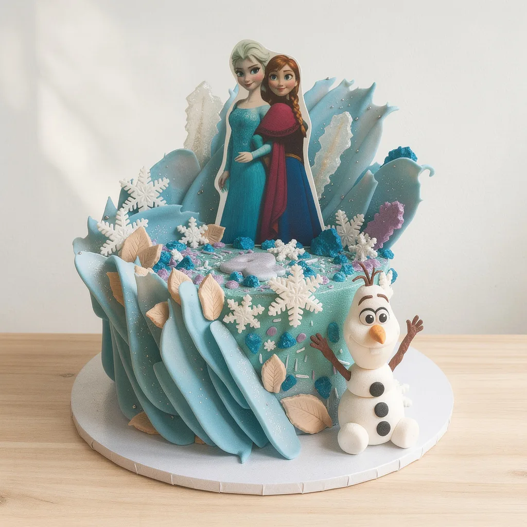 Blue and white cake decorated with snowflakes and edible Anna, Elsa, and Olaf figures