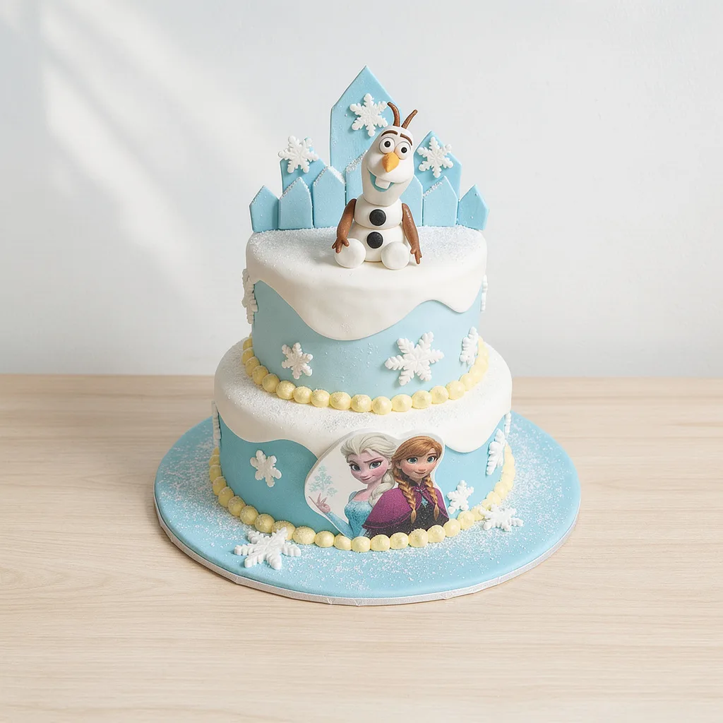 Two-tier blue and white cake with snowflakes and snowman figure on top