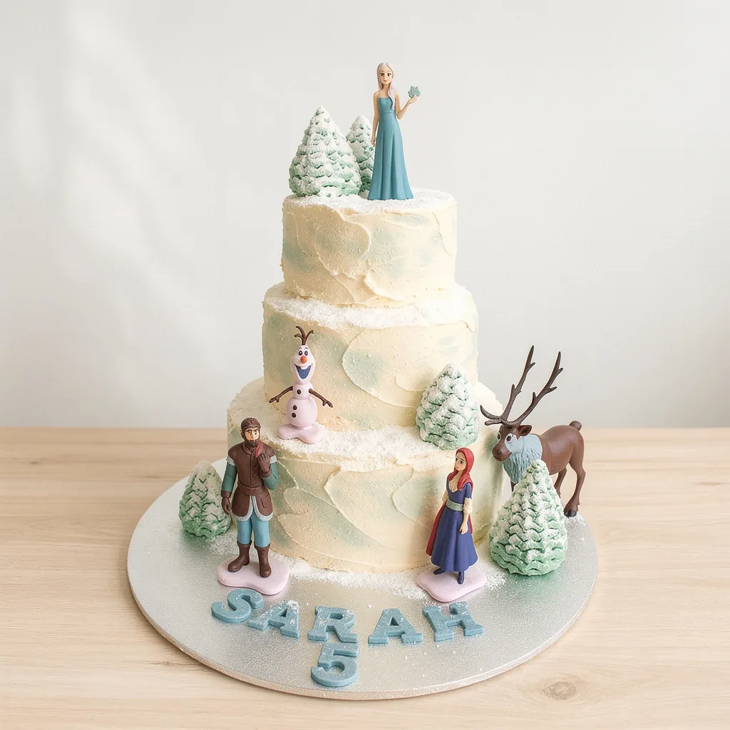 Three-tier winter-themed cake with snow-iced trees and figurines of a woman in blue, a snowman, a man in brown, a woman in…