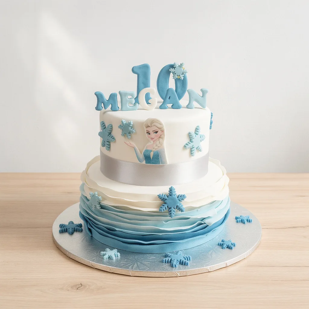 Two-tier white cake decorated with blue snowflakes and a figure of a woman with light blonde braid, topped with a blue…