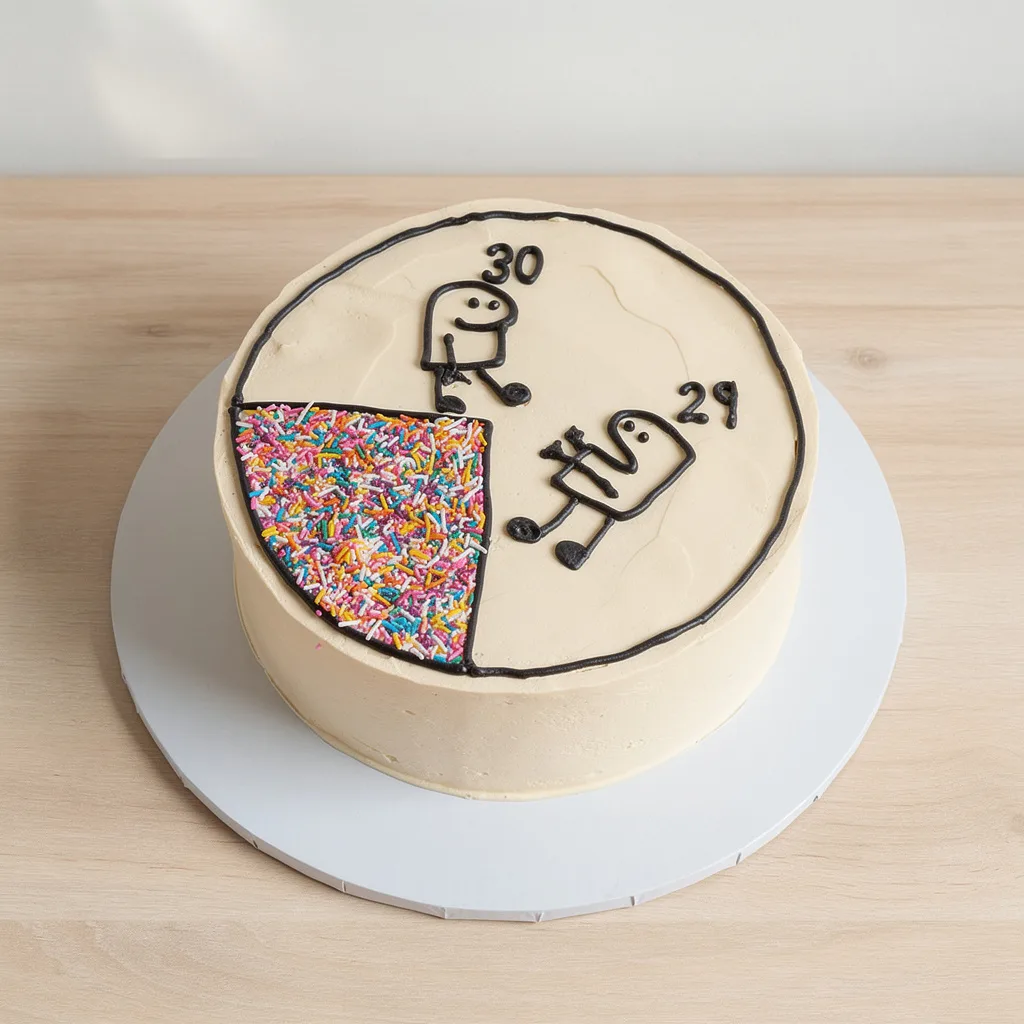 Round cream-colored cake with a pie chart illustration, colorful sprinkles section, and two playful drawn figures