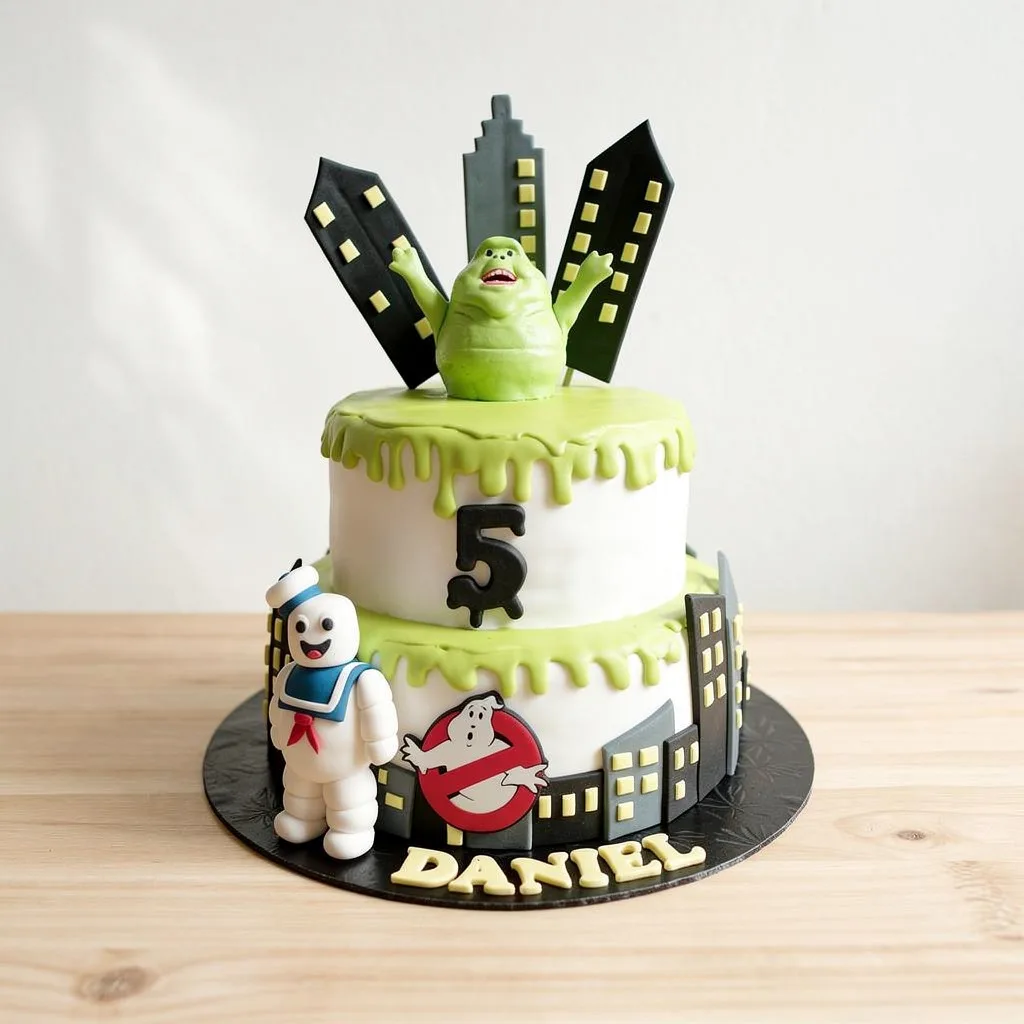 Two-tier Ghostbusters themed birthday cake with green slime, cityscape, and character toppers